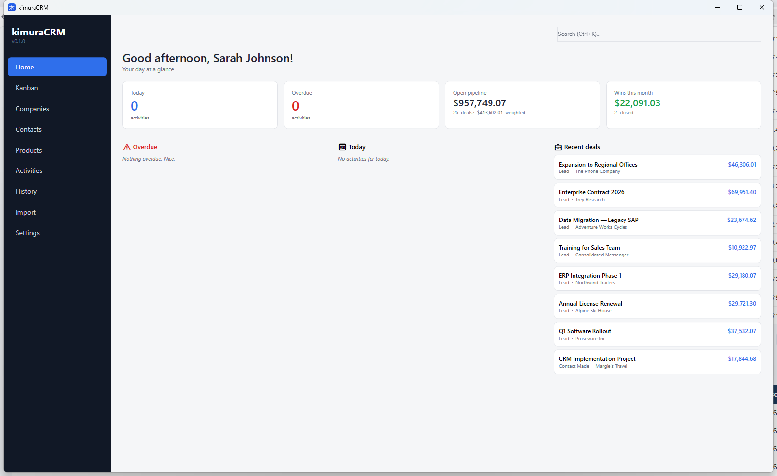 Dashboard do kimuraCRM com KPIs e atividades do dia