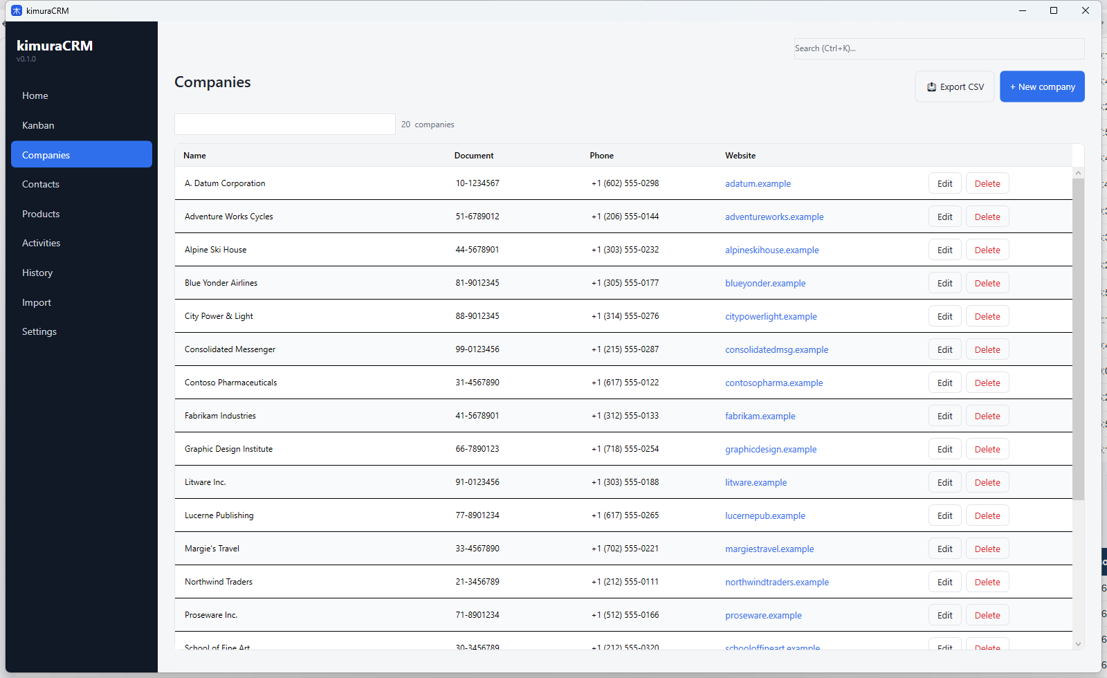 Lista de empresas cadastradas