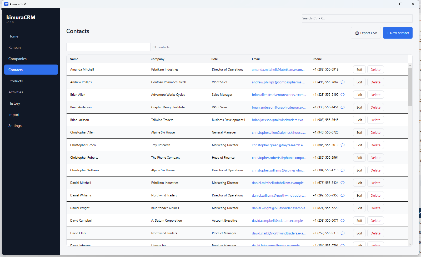 Lista de contatos com telefones, e-mails e WhatsApp