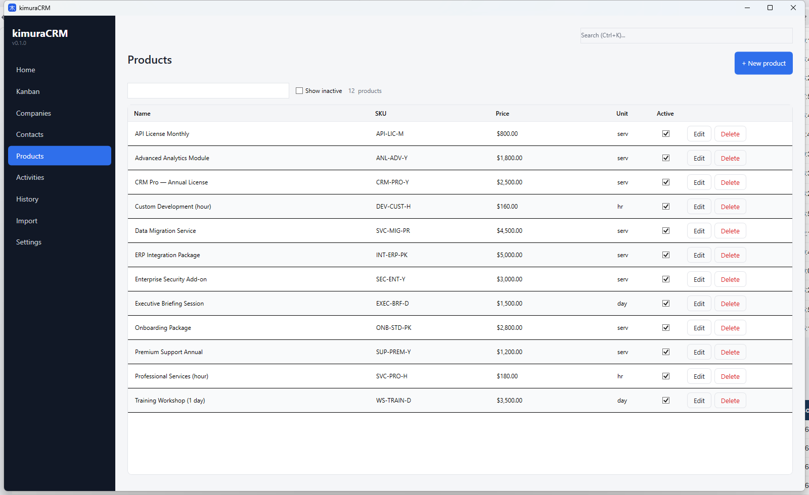 Catálogo de produtos com preço base e unidade