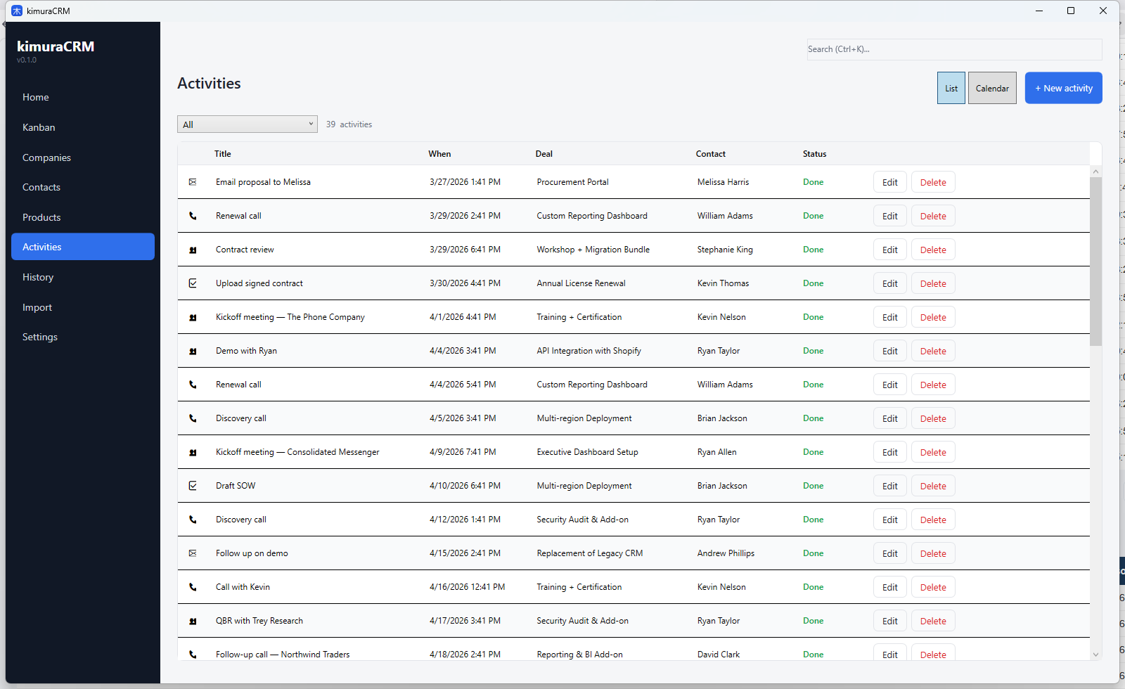 Agenda de atividades em lista e calendário